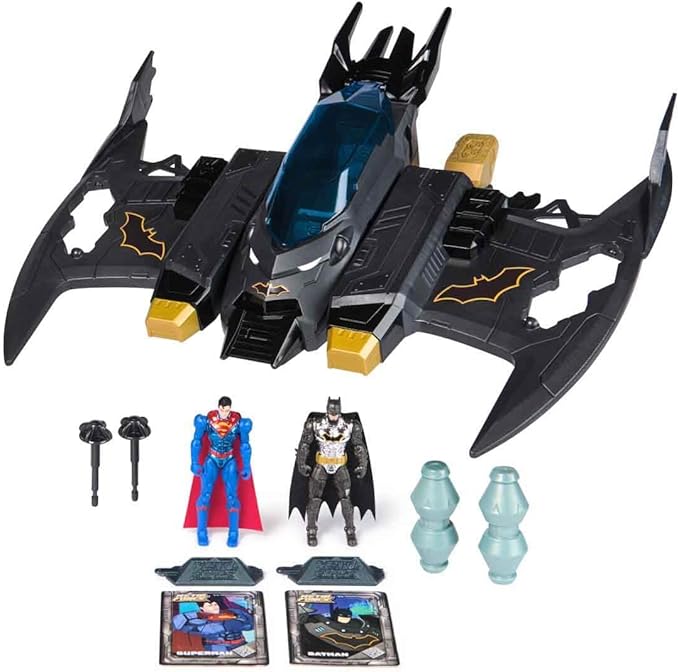 DC Comics, Metal Force Transforming Batwing, 2-in-1 Playset, Includes Batman and Superman Figures, with Projectiles and Character Cards, Kids Toy for Boys Ages 4 and Up