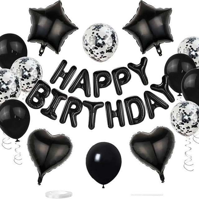 ZHENGYE 27Pcs Black Birthday Party Decorations Kit 16 Inch Happy Birthday Balloon Banner Pentagram Heart Balloons Confetti Latex Balloons Party Decoration Supplies