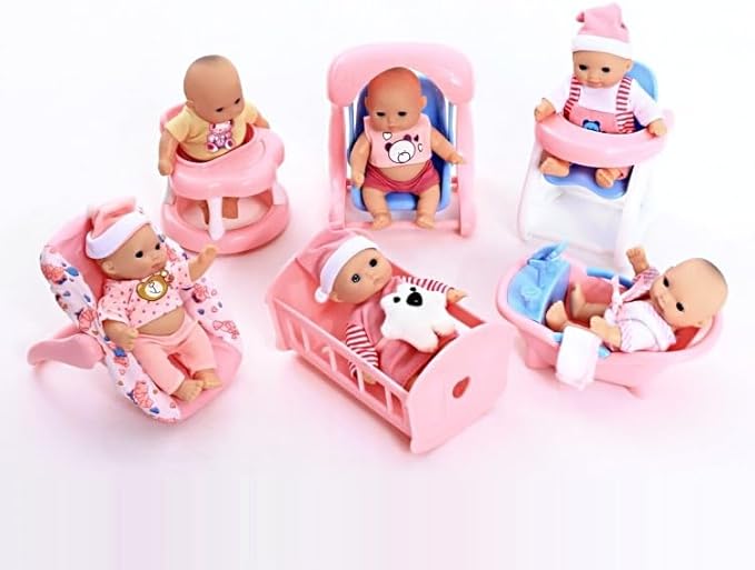 PowerTR 6 Sets of Mini Baby Dolls Collection with High Chair, Cradle, Walker, Swing, Bathtub and Baby Seat for Kids (2 Packs)