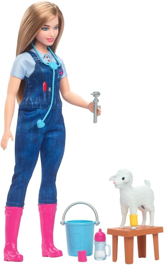 Barbie 65th Anniversary Doll & 10 Accessories, Farm Veterinarian Set with Blonde Vet Doll, Lamb with Moving Ears & More