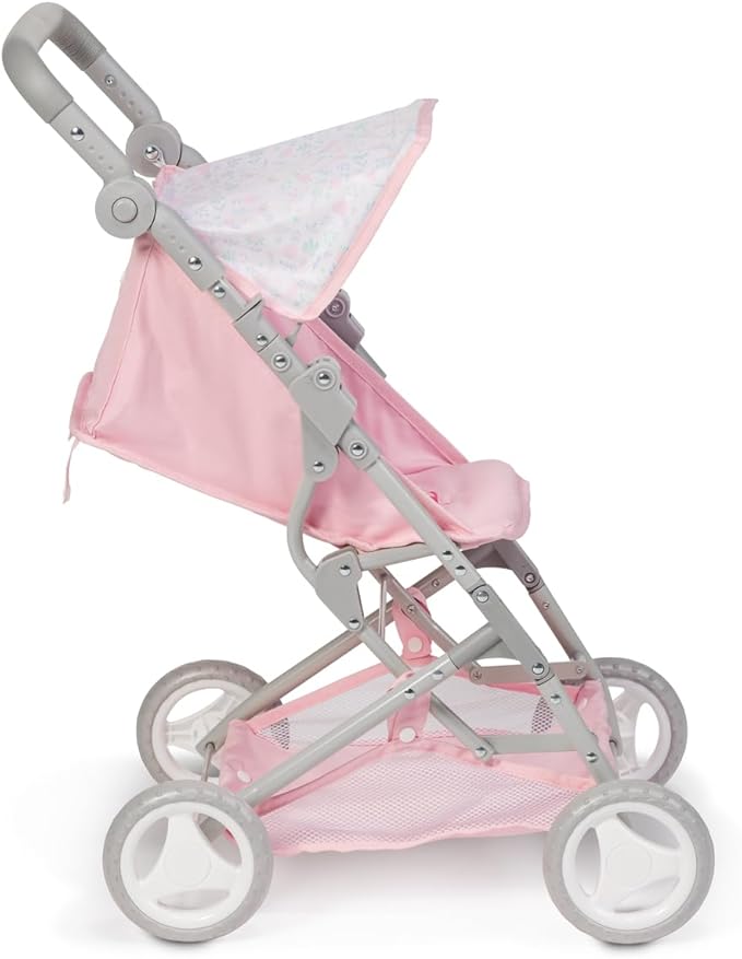 JC Toys - Berenguer Boutique | Fashionable Stroller with Canopy and Storage | Simple Folding |Pink Floral Collection | for Dolls up to 18" | Ages 3+