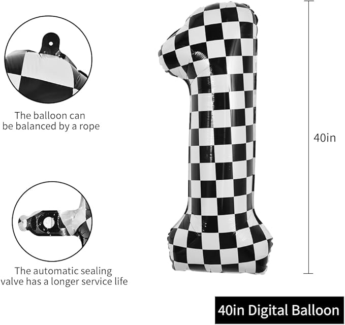 TONIFUL 40 Inch Checkered Number 1 Balloon 1st Race Car Birthday Party Supplies Black and White Large Number Balloon for Girls Boys 1st Birthday Fast Race Car Flag Party Decorations