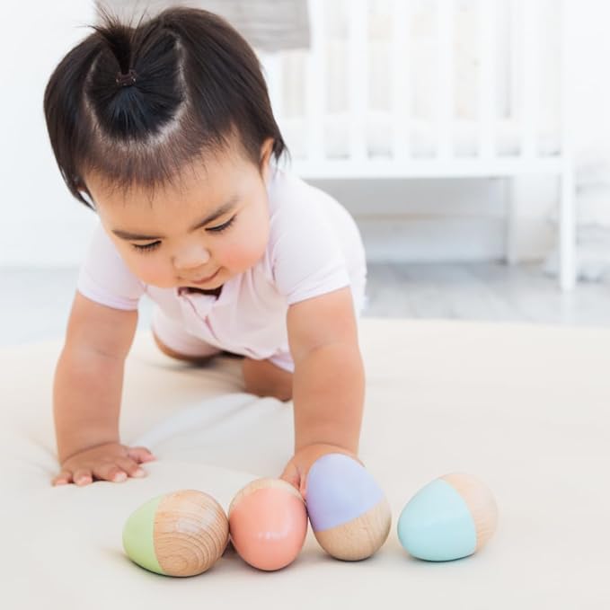 Pearhead Easter Wooden Egg Shakers Baby Toy Set – 4-Piece Montessori Musical Sensory Toy for Infants 0+ Months, Rhythm & Fine Motor Skills, Easter Basket Stuffer