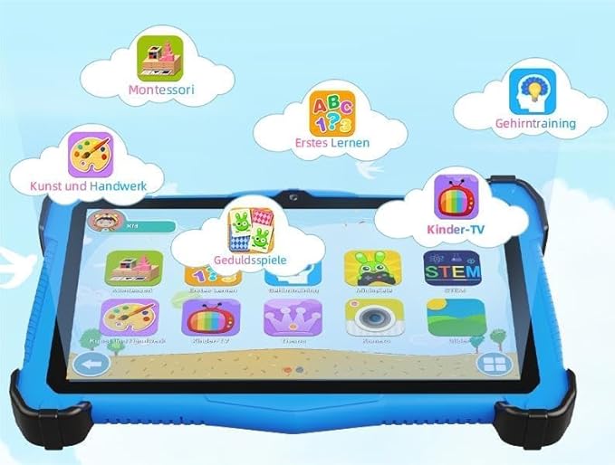 Kids Tablet 7 inch with Shockproof Case for Child 3-10, Educational Learning Toddler Tablet Android 14, 10GB RAM+64GB ROM, Parental Controls, Google Play YouTube, Gift for Boy Girl（Blue）