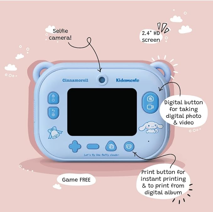kiimento Sanrio Licensed Instant Print Digital Camera, Best Travel Buddy Cinnamoroll, 2.4” HD Screen, Ink-Free B&W Printing, Selfie Lens, 1080p Video, 32GB Memory Card (Model P)