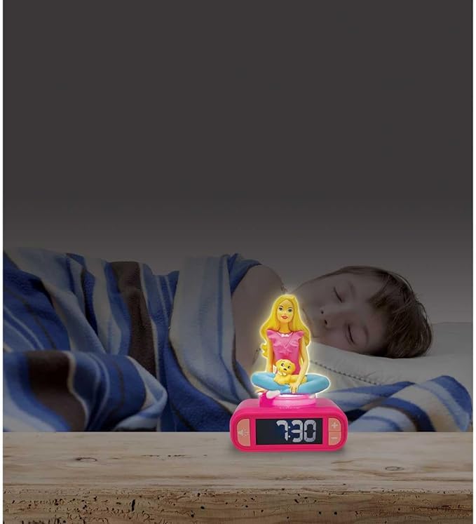 LEXiBOOK, Mattel Barbie, Barbie Nightlight Alarm Clock, Sounds and Melodies, LCD Backlit Screen, Luminous, Snooze, Pink, RL800BB