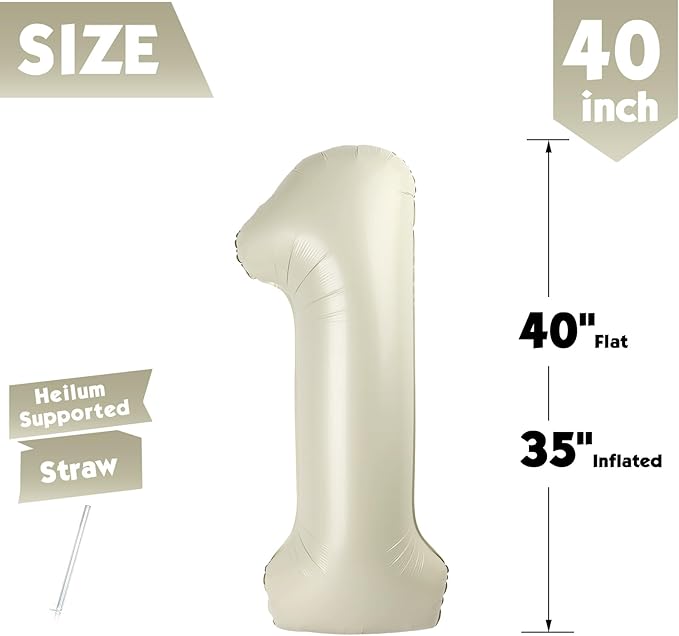 40 Inch Cream Number 1 Balloon, Giant Number 1 Balloons for 11th 12th 21st Birthday Decorations, Party Supplies for Baby Boy Girl, Cream Party Decor