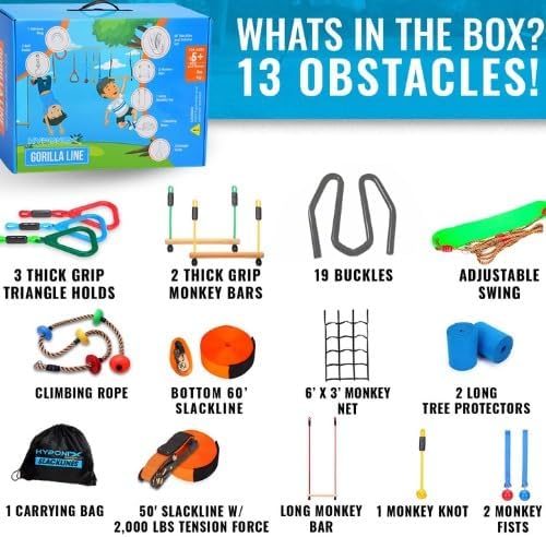 Hyponix Ninja Warrior Obstacle Course for Kids – 2 x 60 ft Slackline with 13 Outdoor Ninja Obstacles, Supports 880lbs – Monkey Net, Ratchet-Tight Tech, Climbing, Swinging & Balance Training, Ages 3+