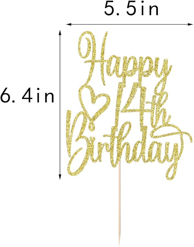 Gold Glitter Happy 14th Birthday Cake Topper - Cheers to 14 Years Cake Topper, 14 & Fabulous Cake Decoration for Hello 14th Birthday Anniversary Party Cake Decorations Supplies