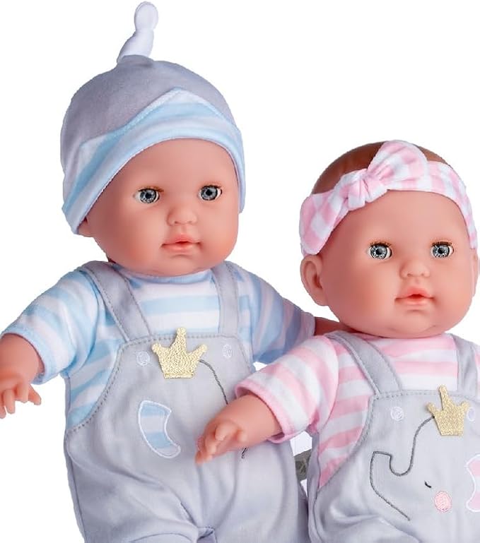 JC Toys | Berenguer Boutique | Baby Doll Outfit | Gray Overall Shorts with Blue Stripes | Includes Headband and Booties | Ages 2+ | Fits Dolls 14"- 16"