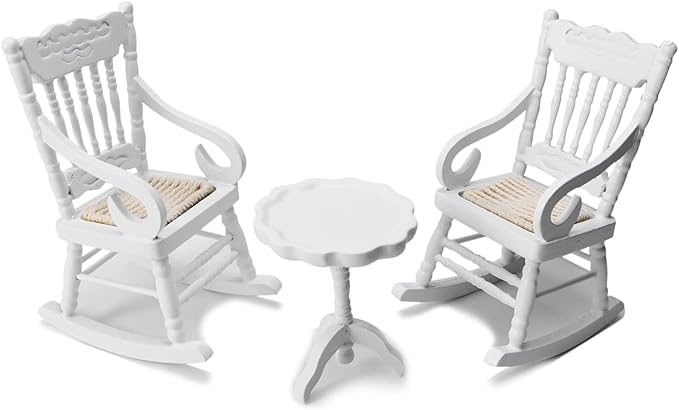 Dollhouse Chairs 2PCS Miniature Rocking Chair 1:12 Scale Wooden FurnitureAccessories Tiny Mini House Home Outdoor Decoration Model Living Room Scene Christmas Craft Displays (White)