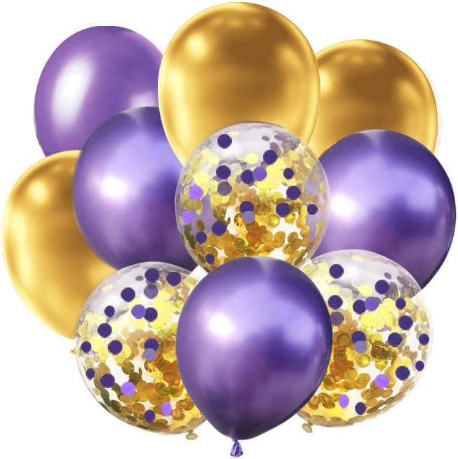GAKA Purple Confetti and Gold Balloons Pack of 50, Purple Gold Graduation Party Decorations,Halloween Party Decorations,Balloons 3 Style,12 Inch