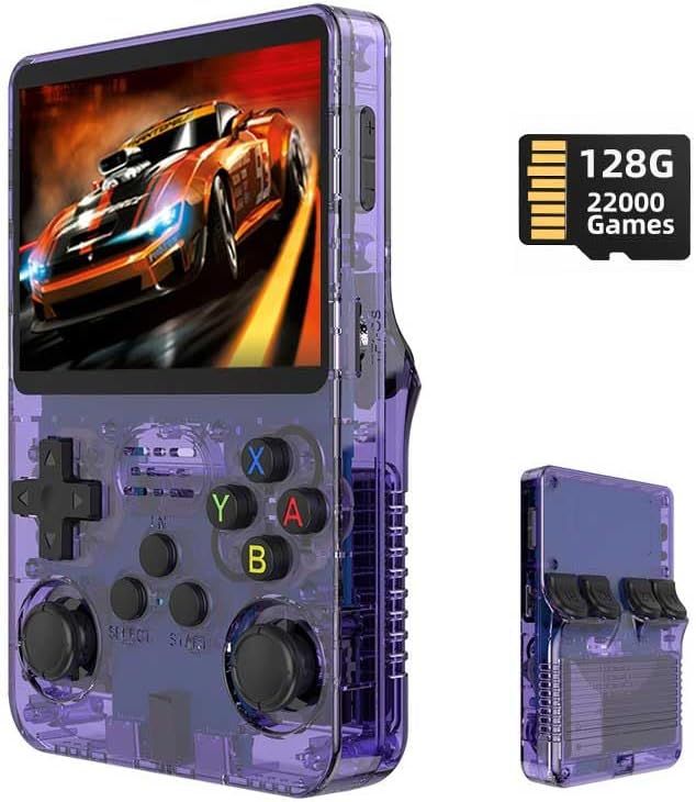 R36S Retro Handheld Gaming Console 3.5 inch IPS Screen Video Game Console Player Built in 22000 Games 128G for 26 Emulator Support Arkos System (Purple)