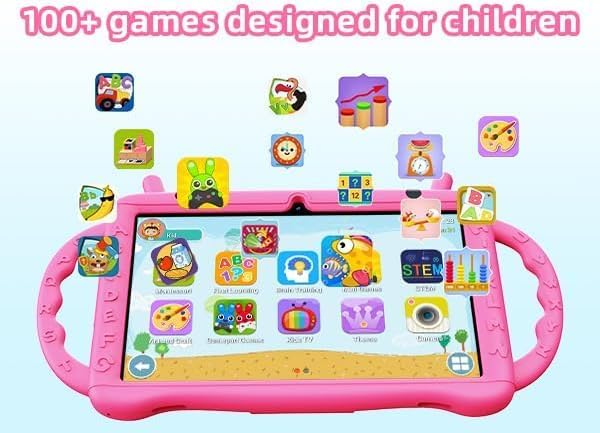 Kids Tablet 10 inch Android 15, Tablet for Kids 3-7 with 10GB RAM 64GB ROM, 512GB Expandsion, with Parental Control, WiFi, 6000mAh，Bluetooth, Dual Camera with Shockproof Case (Pink)