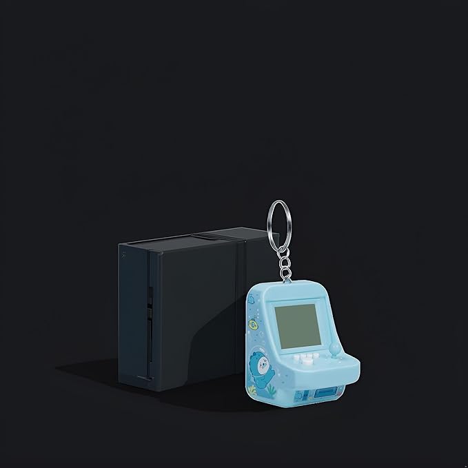 Blue Micro Player Mini Arcade Machine with Keychain, 26 Classic Game Modes Support Music Mini Building Block Game Console，Plug and Play Video Games