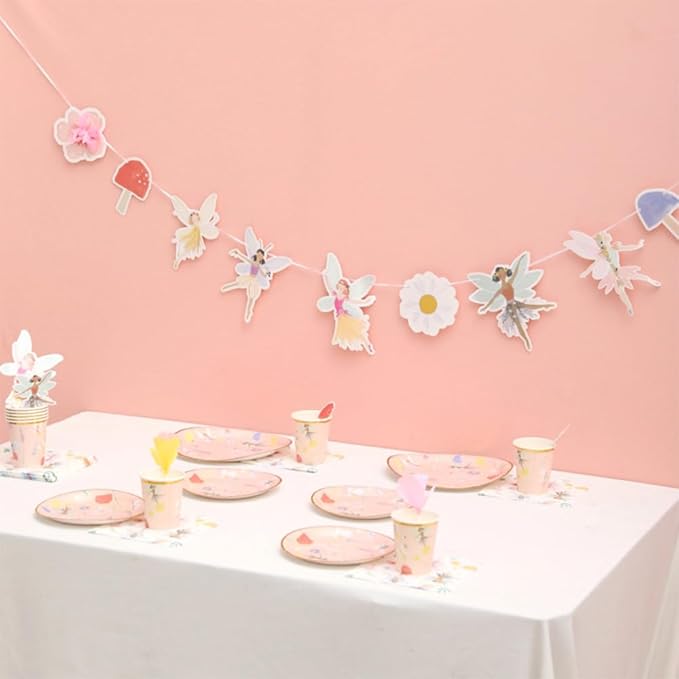 57Pcs Fairy Disposable Tableware Set Flower Fairies Mushroom Party Plates Cups Napkins Sets Fairy Cake Topper Banner Fairy Party Decorations Supplies Girls Birthday Party Decor(10 Guests)