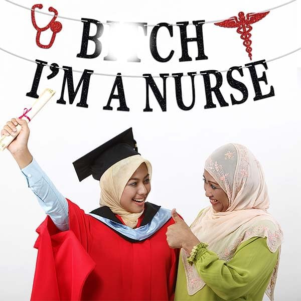 I'm a Nurse Banner - Congrats Nurse Grad/Nailed It/RN/BSN/NP- Nursing School Graduation Party Decorations Supplies, Black and Red Glitter