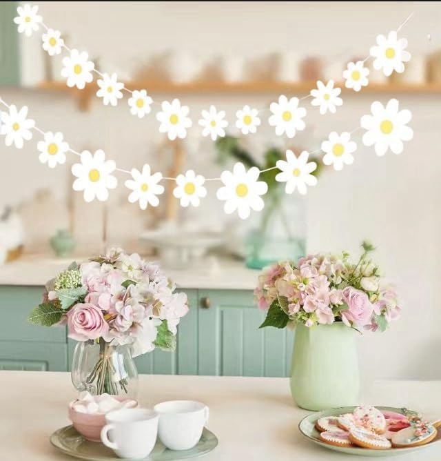 4 Packs Daisy Banner Garland Groovy Hippie Boho Birthday Decor Daisy Party Decoration Spring Flower Hanging Banner Daisy Paper Cutouts for Girl Birthday Supplies