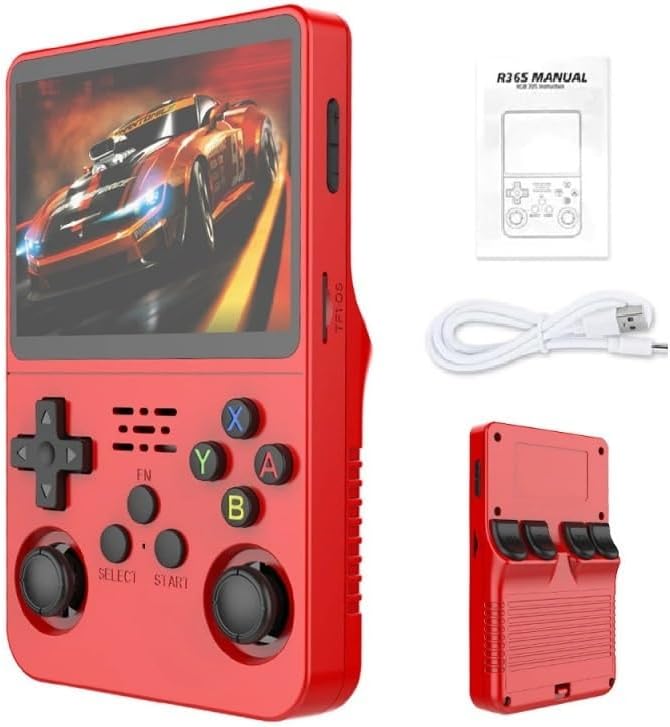 R36S Retro Handheld Gaming Console, 3.5 Inch IPS Screen, 22000+ Games Pre-Loaded, 128GB Storage, 26 Emulators, 3500mAh Battery, Linux System (Red, 128, GB)