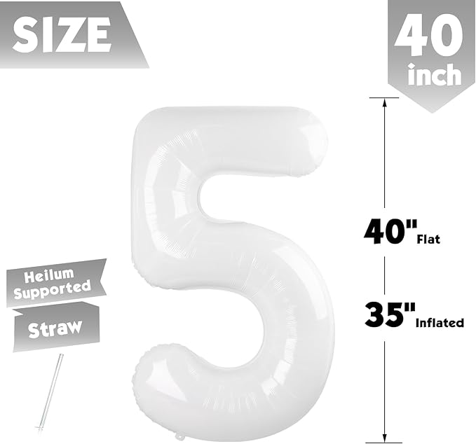 40 Inch White Number 5 Balloon, Giant 5 Number Balloons for 5th Birthday Decorations, Party Supplies for Baby Boy Girl, White Party Decor