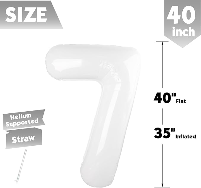 40 Inch White Number 7 Balloon, Giant 7 Number Balloons for 7th Birthday Decorations, Party Supplies for Baby Boy Girl, White Party Decor