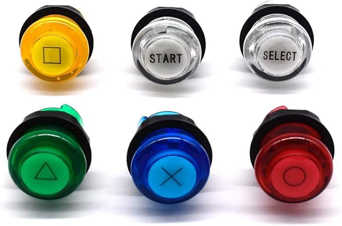 Arcity 6 Pcs/Lot 28mm Arcade LED Push Buttons Illuminated Start Select O X Triangle Square Circle Lit Multi-Colored with Microswitch for Arcade Machine Games Console Parts 5V