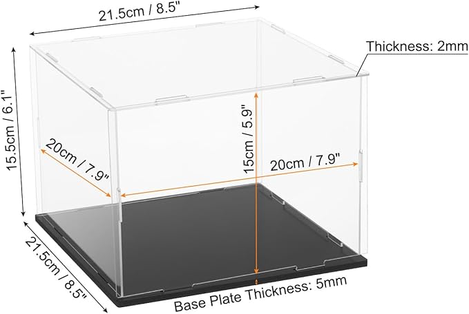 uxcell Acrylic Clear Display Case for Collectibles Self-Assemble Display Boxes, Black Base Dustproof Countertop Storage Box for Collectibles Action Figures, 7.9 x 7.9 x 5.9 Inch