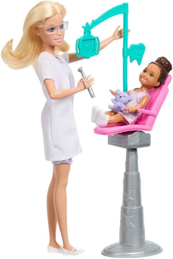 Barbie Careers Dentist Playset with Blonde Doll Wearing White Coat, Toddler Small Doll, Examination Chair & Accessories