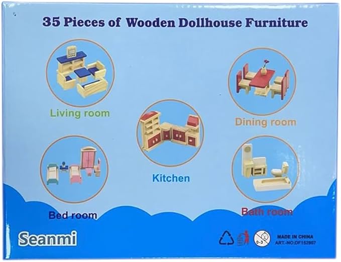 Seanmi Wooden Dollhouse Furniture - 5 Sets, 1:12 Scale Doll House Furnishings, 35 Pieces of Dollhouse Accessories (Living Room, Kitchen, Dining Room, Bedroom, Bathroom)