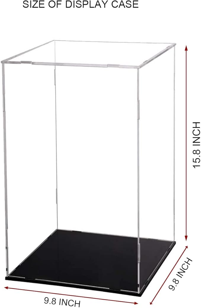 Clear Acrylic Display Case,Self-Assembly Display Box with Black Acrylic Base,Countertop Box Cube Organizer Stand Riser Dustproof Protection Showcase for Figures Toys Collectibles(9.8x9.8x15.7 inch)