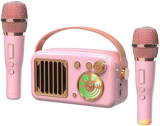 Cyboris Karaoke Machine for Kids Adults, 15W Mini Handheld Portable Bluetooth Speaker &2 Wireless Microphone& Lights,9H Playtime,AUX&TF-Card Input,Bluetooth 5.3, Birthday Gifts for Girls Boys (Pink)