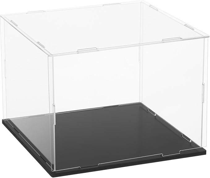 uxcell Acrylic Clear Display Case for Collectibles Self-Assemble Display Boxes, Black Base Dustproof Countertop Storage Box for Collectibles Action Figures, 7.9 x 7.9 x 5.9 Inch