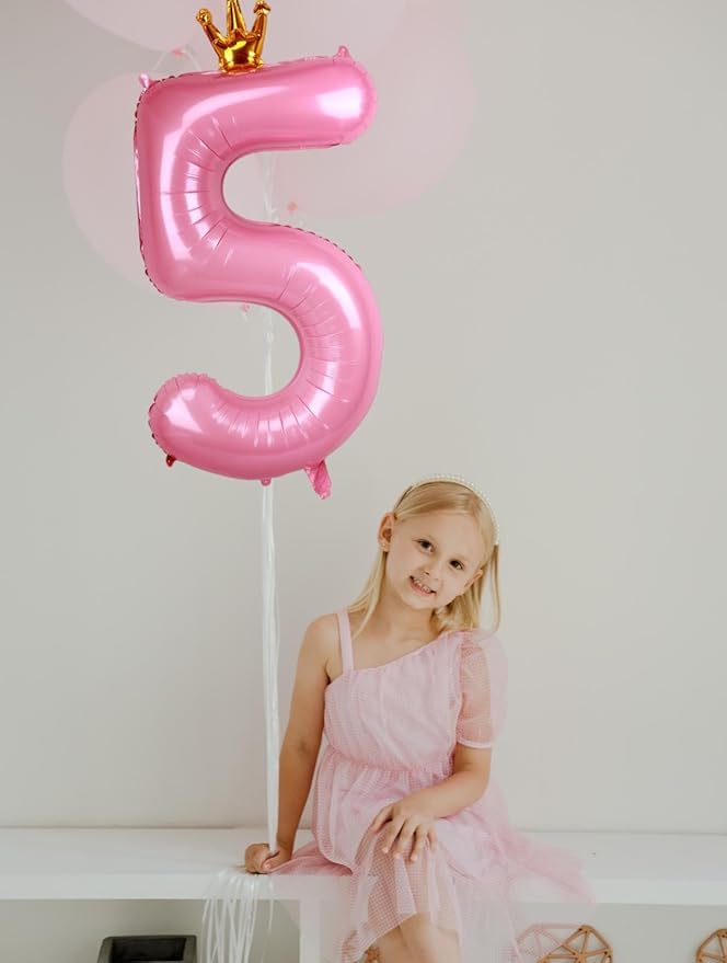 40 Inch Crown Pink Number 5 Balloon, Big Conjoined Baby Pink Foil Mylar Helium 5 Balloon for Girls 5th Birthday Party Decoration Princess Theme Party Decor Supplies Favors
