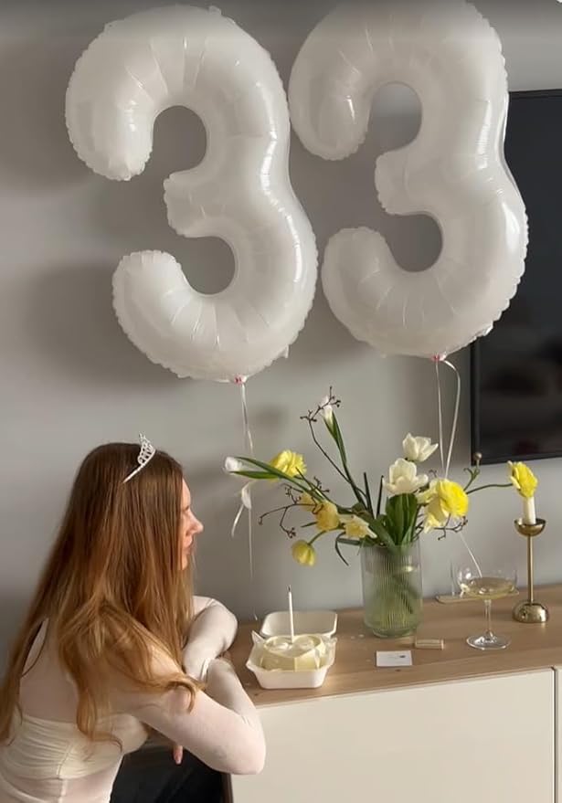 40 Inch White 3 Large Number Balloon, 3 13 23 30 33 36 White Birthday Party Decorations, Number Three Foil Balloons for Anniversary Party Graduations Celebration Supplies