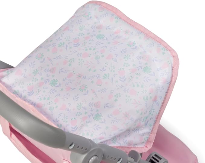 JC Toys - Berenguer Boutique | Fashionable Stroller with Canopy and Storage | Simple Folding |Pink Floral Collection | for Dolls up to 18" | Ages 3+