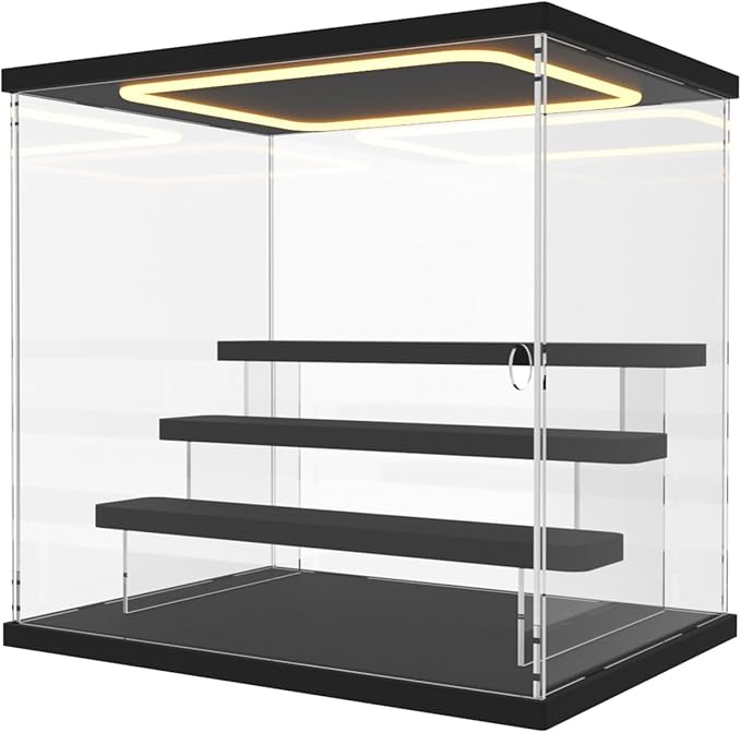 Nynelly Acrylic Lighted Display Case for Collectibles, 4 Tier Figure Display Box with Door and Steps, Assemble Dustproof LED Showcase Storage Box for Mini Figures, Funko Pop, Toys, Black