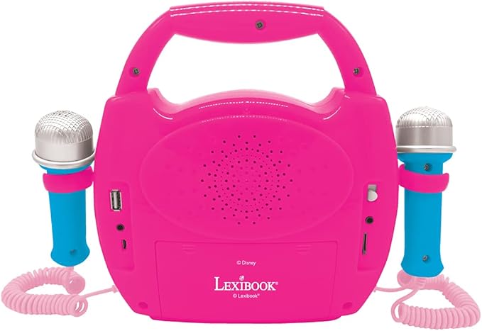 LEXiBOOK – Disney Princess - Portable Karaoke Digital Player for Kids – Microphones, Light Effects, Bluetooth, Record and Voice Changer Functions, Rechargeable Battery, Pink, MP320DPZ