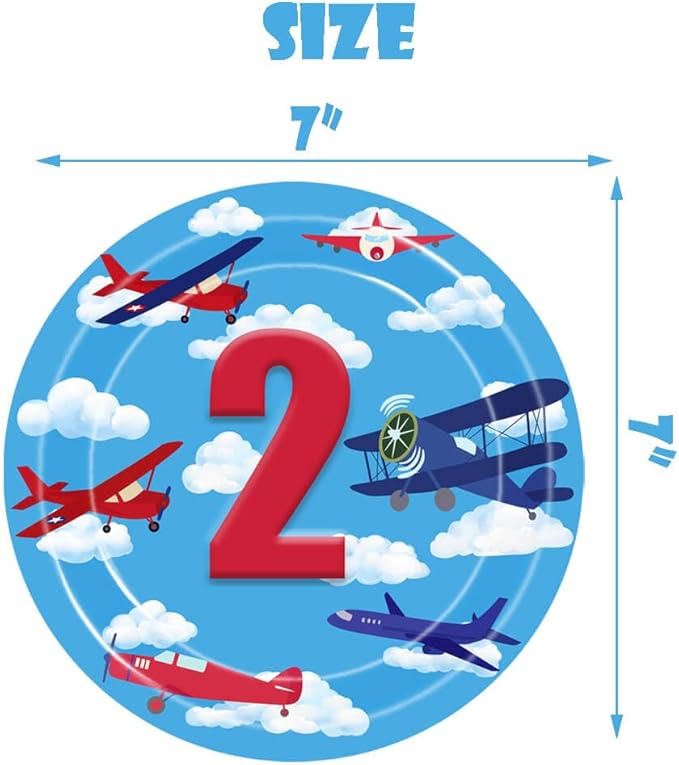Airplane 2nd Birthday Party Plates Two Fly Disposable Paper Dinner Plates Dinnerware for Aviation Theme Boys Two Years Old Birthday Party Supplies Decorations