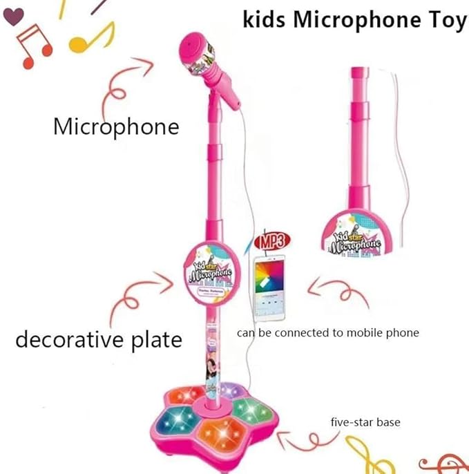 The All-in-One Microphone Toy, Kids Karaoke Microphone with Stand with Colorful Lights, Echo Effects, Adjustable Stand, Fun and Easy-to-Use, Christmas Birthday Gifts for Little Singers (Pink 1Pc)