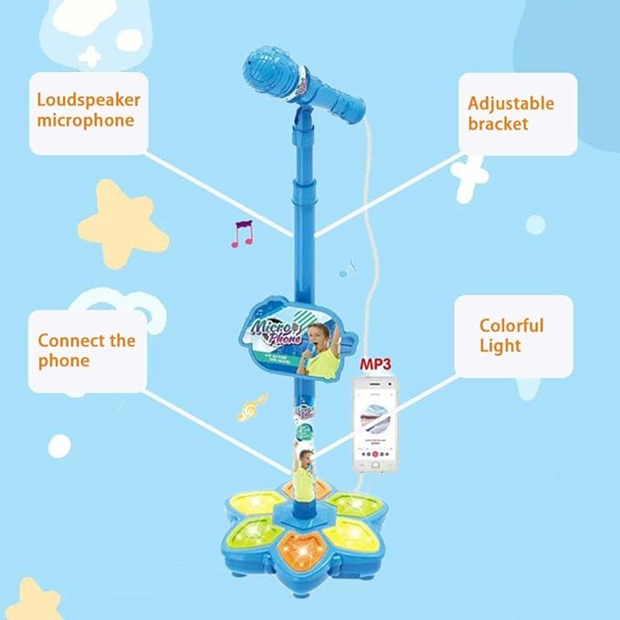 Adjustable Kids Karaoke Microphone with Stand, Extends up to 39.4” Height, Detachable Handheld Mic with LED Light Base & Type-C Adapter, Compatible with Android/iOS/PC for Singing & Parties