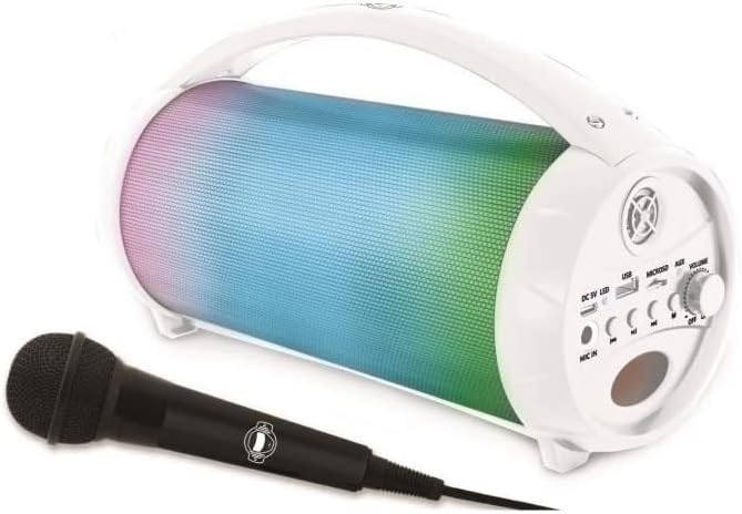 Lexibook, iParty, Portable Bluetooth Light Speaker with Microphone, Stereo, Light Effects, Karaoke, Wireless, USB, SD Card, Rechargeable Battery, White, BTP585Z