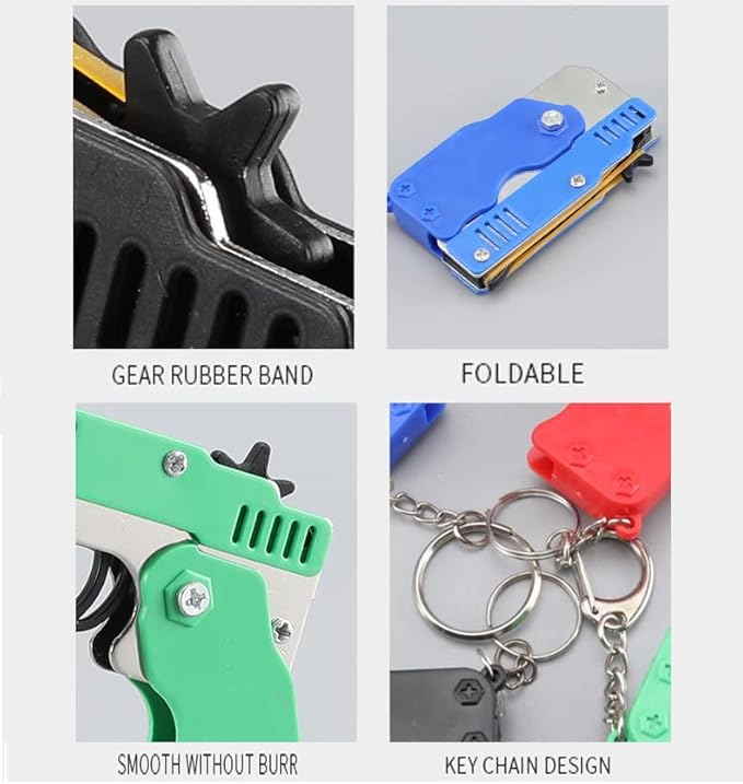 Kids Toys Cool Keychain Rubber Band Mini Metal Folding Rubber Launcher Toy with 60 Elastic Rubber Bands for Game Outdoor Activities (red)