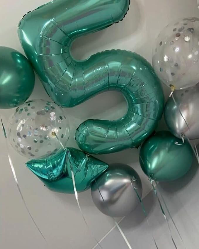 Teal Blue 40 Inch Large Number 5 Birthday Balloon, 2025 Five 5th 15 25 35 50 55 Birthday Celebration Decorations, Teal Blue Foil 5 Mylar Helium Balloons Girl Boy Anniversary Party Supplies