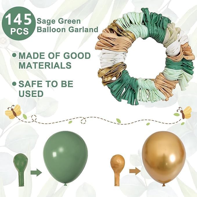 Amandir 145Pcs Baby Boxes Sage Green Baby Shower Decorations, Olive Green Balloon Garland Kit 4 Baby Blocks Gold Letter for Gender Neutral Boy Girl Safari Jungle Birthday Baptism Party Supplies
