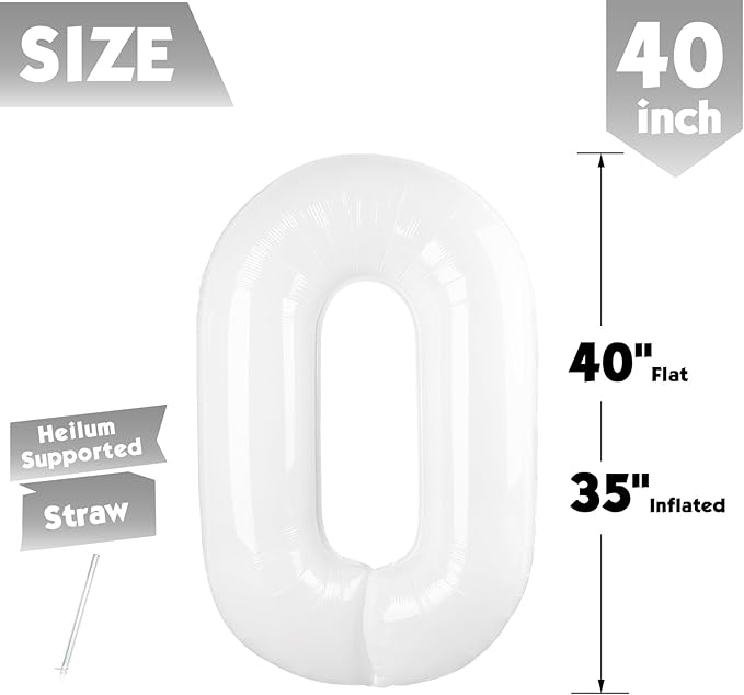 40 Inch White Number 0 Balloon, Giant Number 0 Balloons for 10th 20th 30th 40th Birthday Decorations, Party Supplies for Baby Boy Girl, White Party Decor