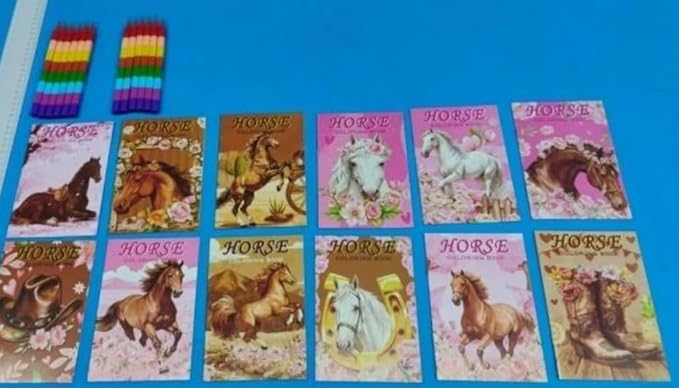 BenLouis 12 Horse Floral Mini Coloring Books Kids with 12 Stacking Crayons Cowgirl Party Favors Small Activity Books Bulk for Kids Girls Horse Racing Flower Party Gift Goodie Bag Stuffers