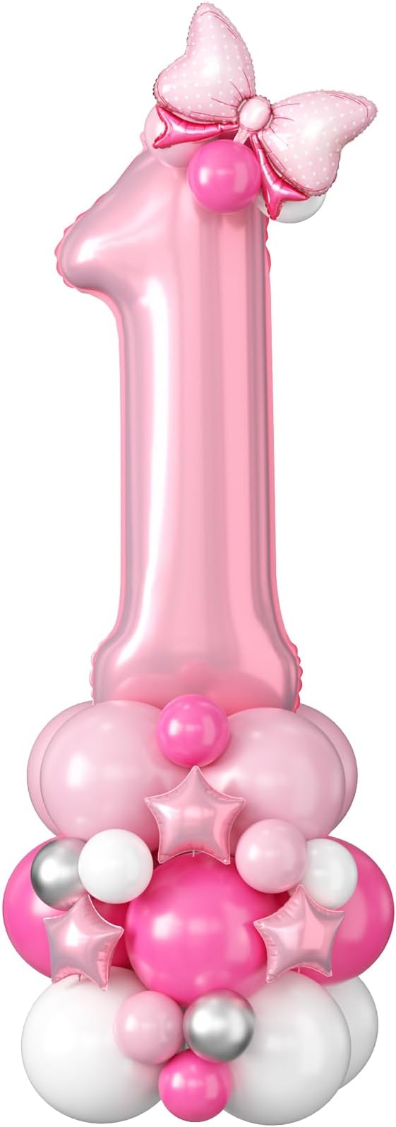 40 Inch Pink Number 1 Balloon for 1st Birthday Decorations Pastel Baby Pink Number One Foil Balloon Tower Giant Large Digit Hot Pink White Helium Balloons Stack for Girls First Anniversary Party