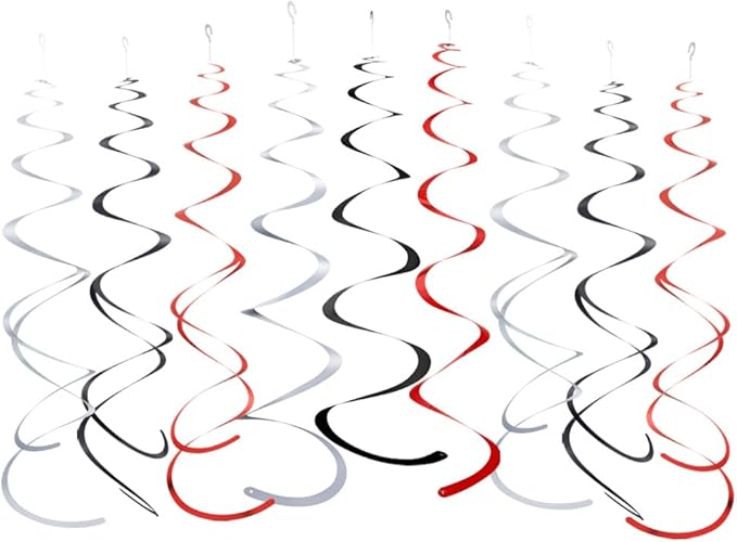 MOWO Silver Black and Red Foil Swirl Hanging Decoration Streamer for Birthday Graduation Retirement Halloween Theme Party, Pack of 21