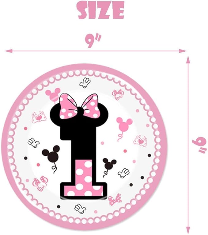 Pink 1st Birthday Party Supplies Tableware Pink Cartoon One Paper Plates Napkins Table Cloth Dinnerware for Girls 1st Birthday Baby Shower Party Decorations