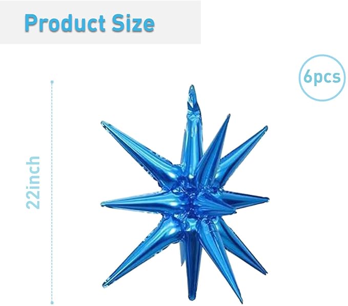 6 Pcs Blue Star Foil Balloons One-Piece 14-Pointed Star Balloon 4D Starburst Cone Mylar Balloon 22inch Christmas Birthday Wedding Wedding Anniversary Party Supplies(Blue)